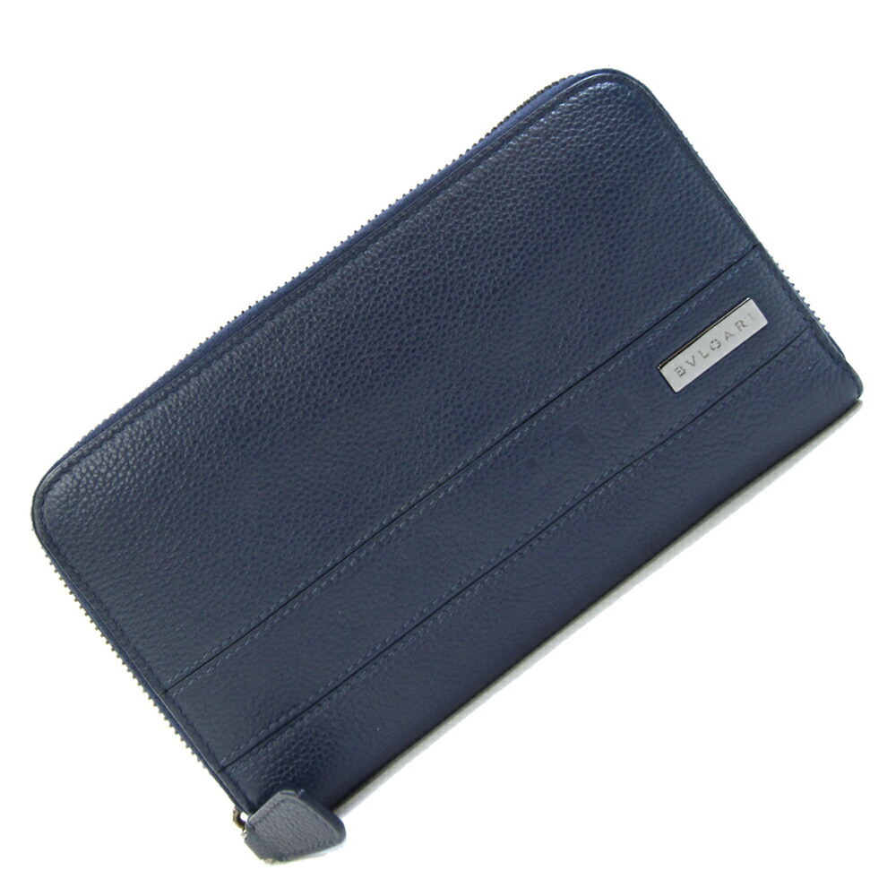 Bulgari Round Zip Long Wallet, Navy Leather, 282829, Men's BVLGARI